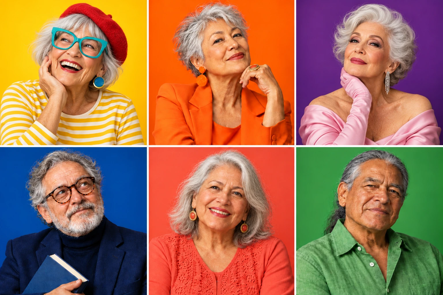 Mosaico ilustrativo de seis personas mayores con distintas personalidades, sobre fondos amarillo, naranja, morado, azul, coral y verde.